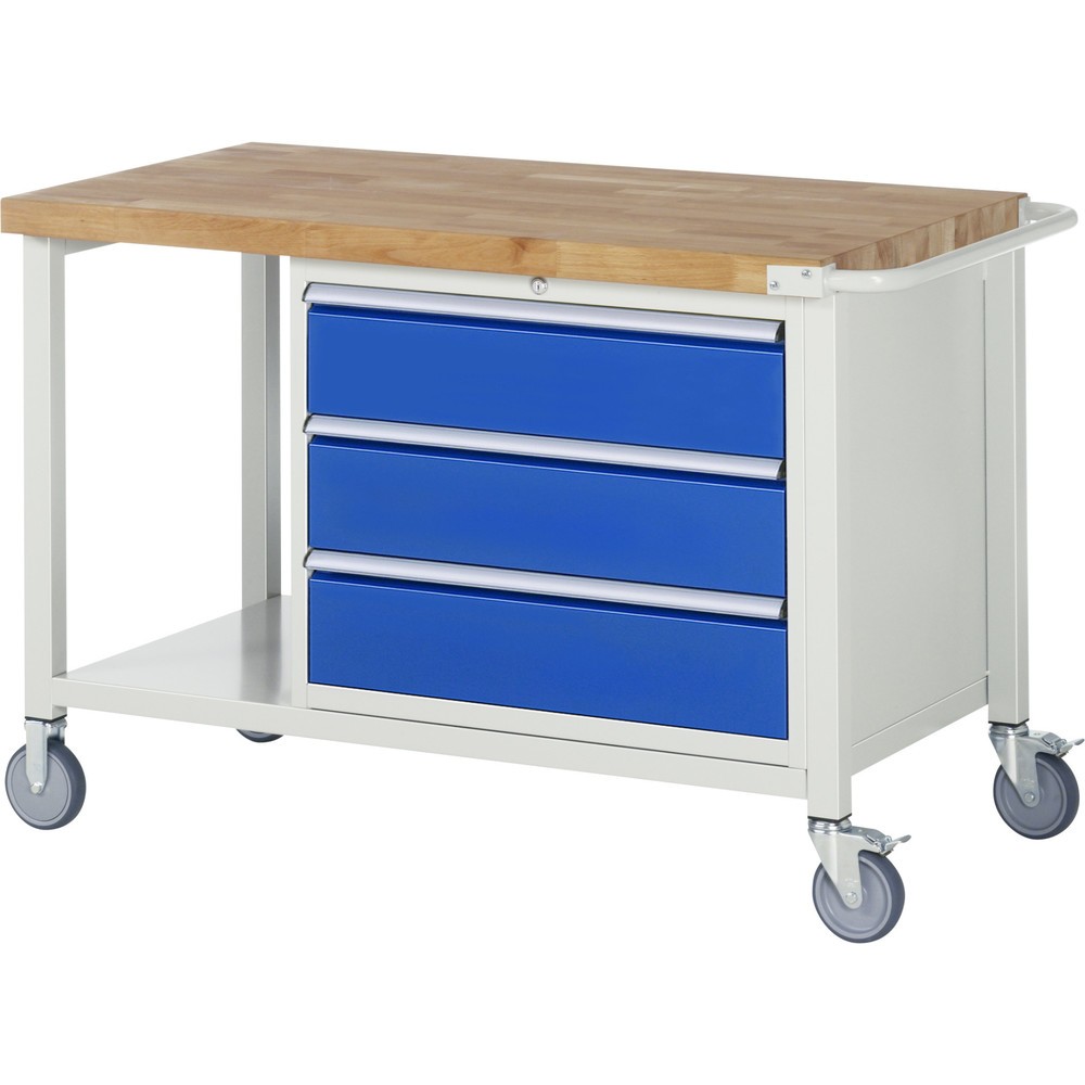 Product afbeelding: Mobiele werkbank RAU serie 8000, 1 legbord, hxbxd 880-1.080 x 1.250 x 700 mm, 3 x voor 90% uittrekbare lades, 3 x 180 mm, draagvermogen lade 75 kg