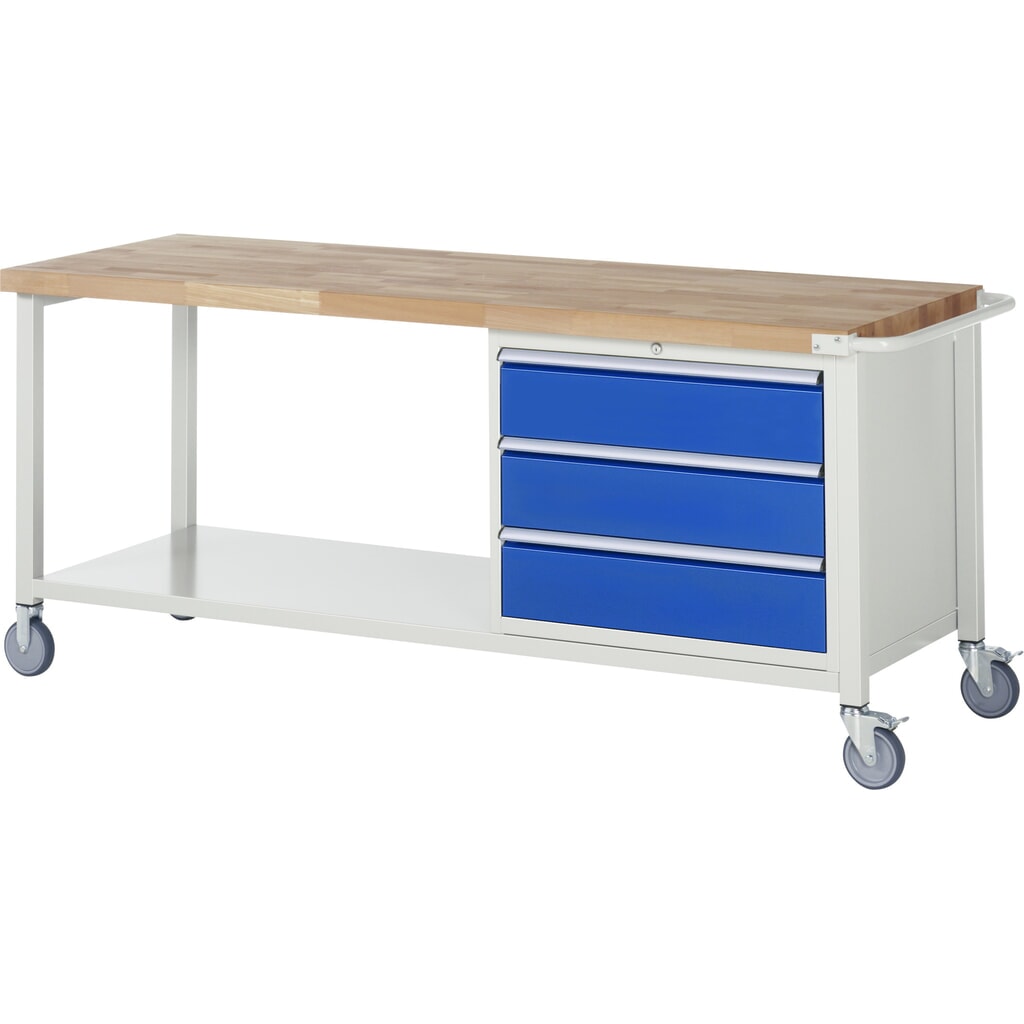 Product afbeelding: Mobiele werkbank RAU serie 8000, 1 legbord, hxbxd 880-1.080 x 2.000 x 700 mm, 3 x voor 90% uittrekbare lades, 3 x 180 mm, draagvermogen lade 75 kg