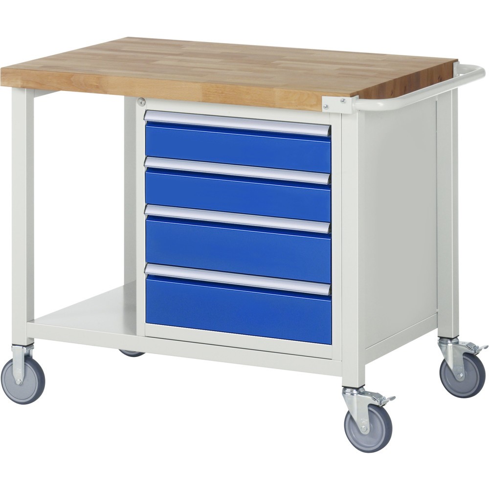 Product afbeelding: Mobiele werkbank RAU serie 8000, 1 legbord, hxbxd 880-1.080 x 1.000 x 700 mm, 4 x voor 100% uittrekbare lades, 2 x 120, 2 x 150 mm, draagvermogen lade 100 kg
