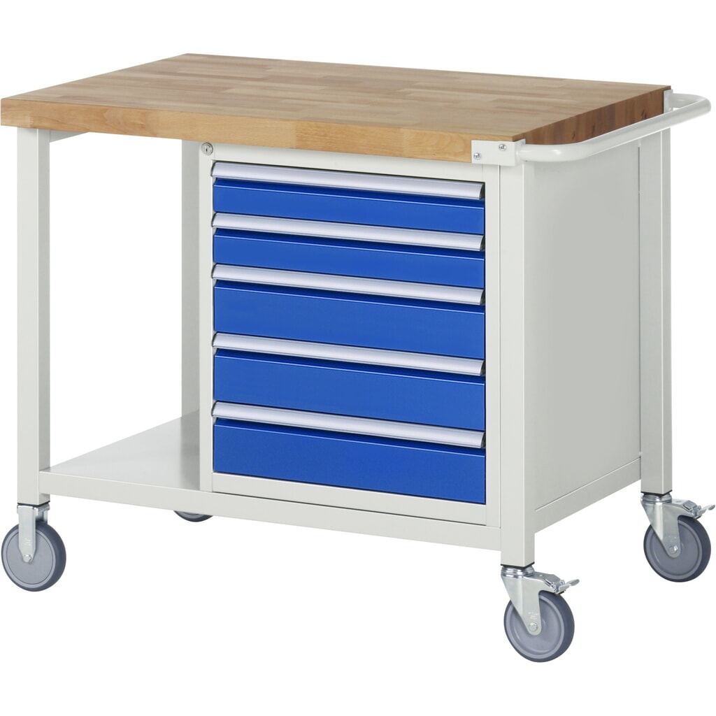 Mobiele werkbank RAU serie 8000, 1 legbord, hxbxd 880-1.080 x 1.000 x 700 mm, 5 x voor 100% uittrekbare lades, draagvermogen lade 100 kg Productafbeelding nr. 1: Mobiele werkbank RAU serie 8000, 1 legbord, hxbxd 880-1.080 x 1.000 x 700 mm, 5 x voor 100% uittrekbare lades, draagvermogen lade 100 kg