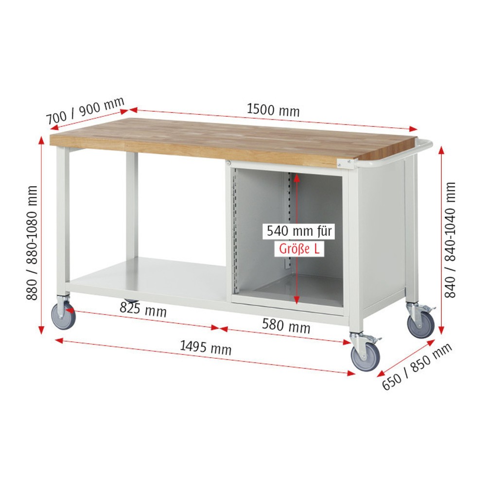 Productafbeelding nr. 6: Mobiele werkbank RAU serie 8000, 1 legbord, 1 draaideur, hxbxd 880-1.080 x 1.500 x 700 mm, 1 lade