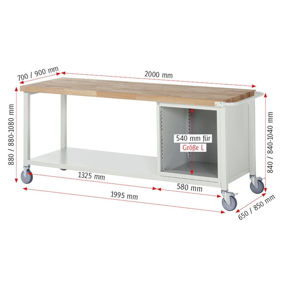 Productafbeelding nr. 5: Mobiele werkbank RAU serie 8000, 1 legbord, hxbxd 880-1.080 x 2.000 x 900 mm, 3 x voor 100% uittrekbare lades, 3 x 180 mm, draagvermogen lade 100 kg