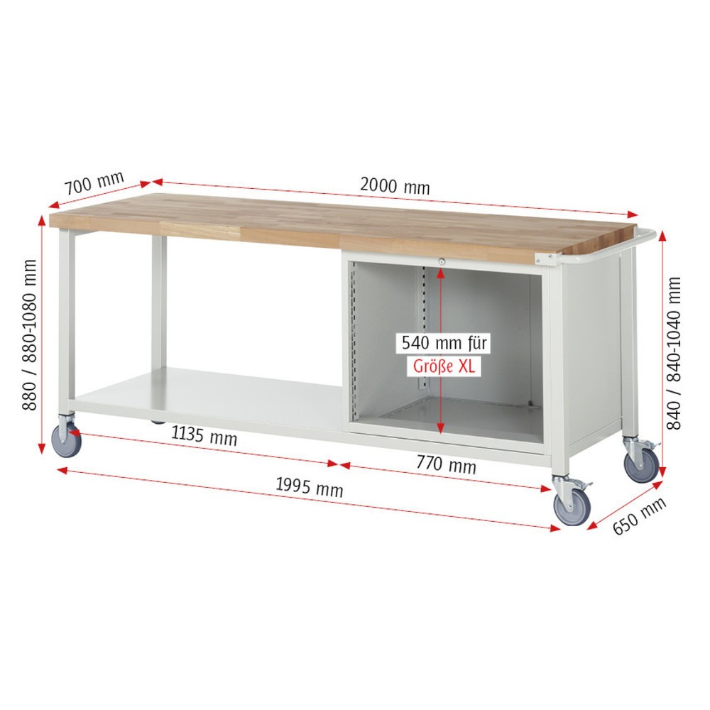 Productafbeelding nr. 3: Mobiele werkbank RAU serie 8000, 1 legbord, hxbxd 880 x 2.000 x 700 mm, 3 x voor 100% uittrekbare lades, 3 x 180 mm, draagvermogen lade 75 kg