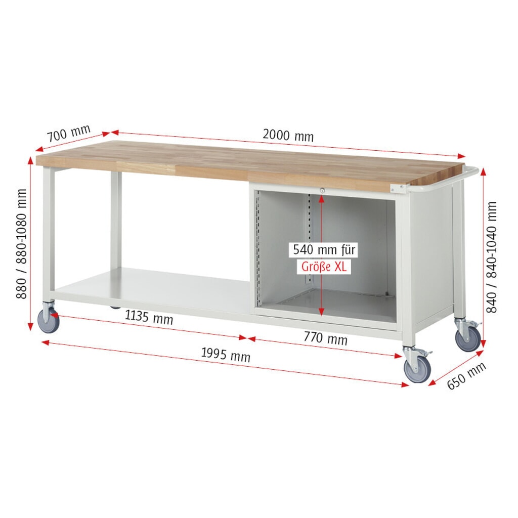 Productafbeelding nr. 7: Mobiele werkbank RAU serie 8000, 1 legbord, hxbxd 880-1.080 x 2.000 x 700 mm, 2 x voor 90% uittrekbare lades 2 x 270 mm