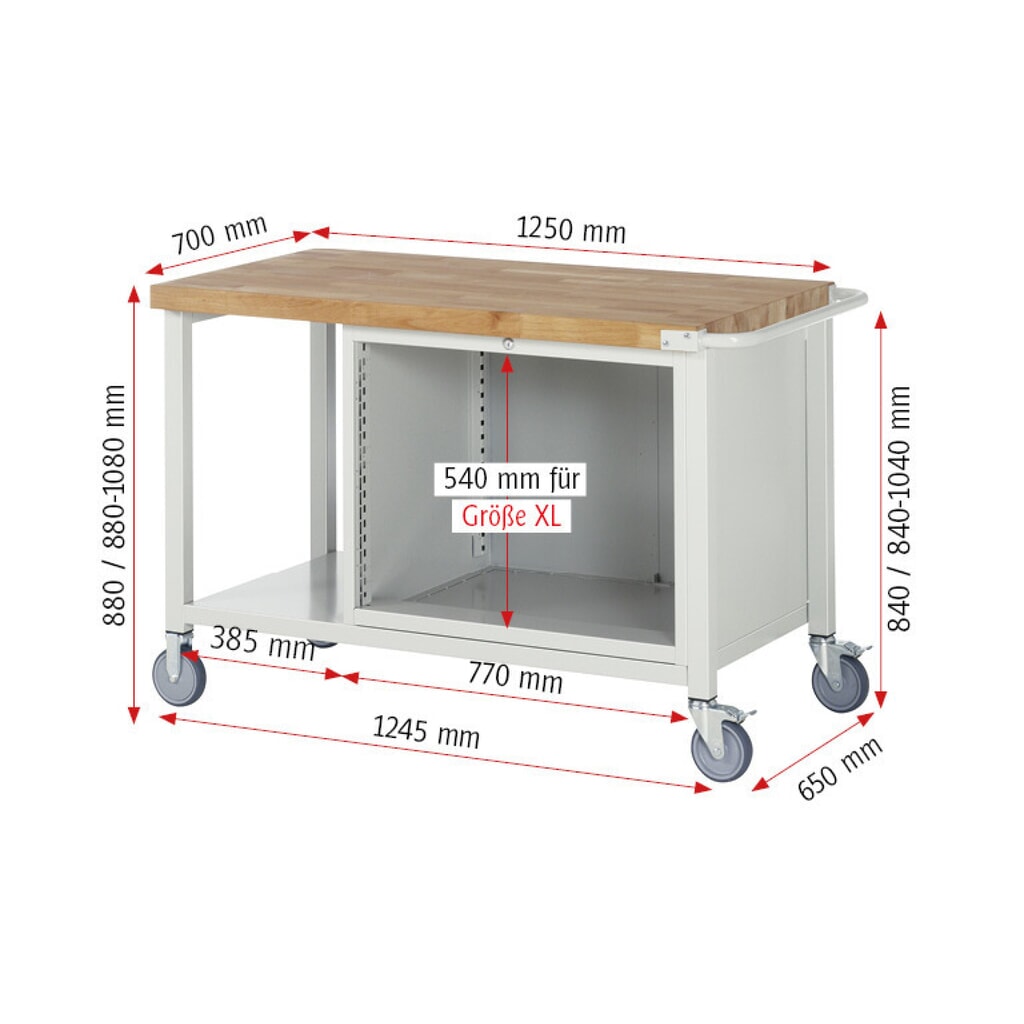 Productafbeelding nr. 7: Mobiele werkbank RAU serie 8000, 1 legbord, hxbxd 880-1.080 x 1.250 x 700 mm, 3 x voor 90% uittrekbare lades, 3 x 180 mm, draagvermogen lade 75 kg