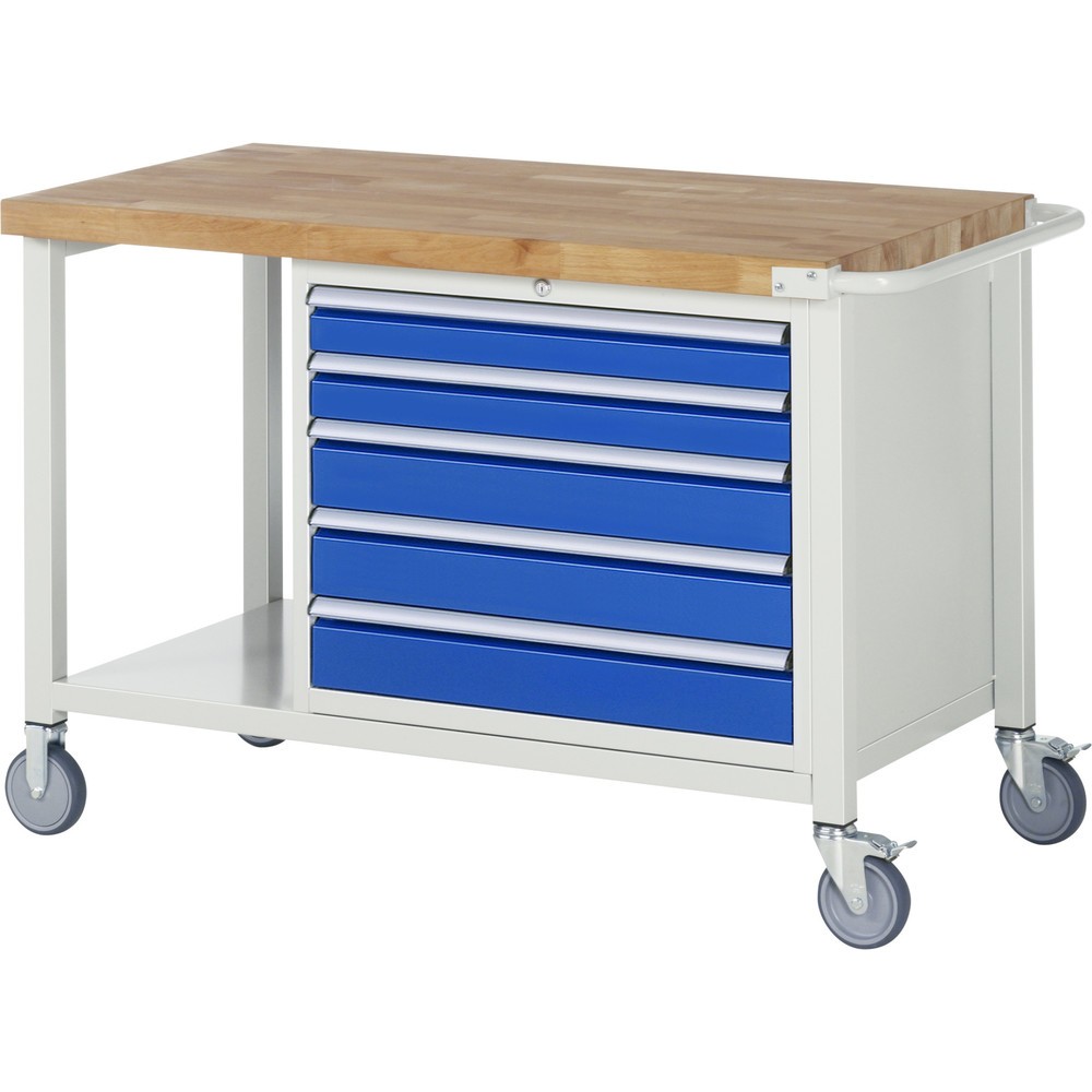 Productafbeelding nr. 1: Mobiele werkbank RAU serie 8000, 1 legbord, hxbxd 880-1.080 x 1.250 x 700 mm, 5 x voor 90% uittrekbare lades, draagvermogen lade 75 kg