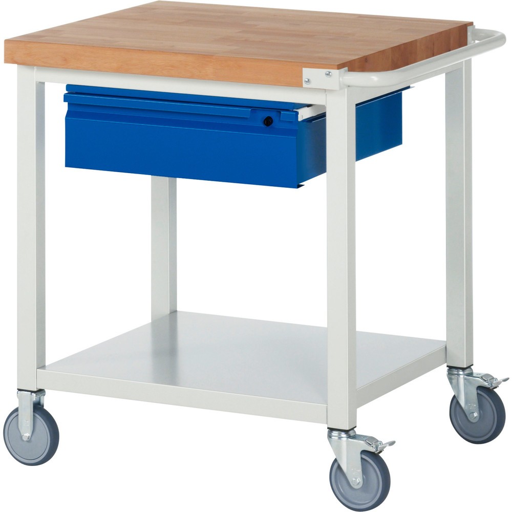 Product afbeelding: Mobiele werkbank RAU serie 8000, massief beuken werkblad, dikte 40 mm, hxbxd 880 x 750 x 700 mm, 1 lade, 1 legbord diepte 650 mm