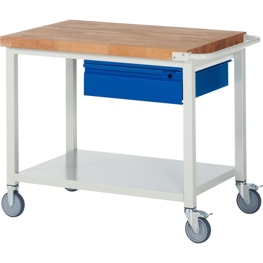 Mobiele werkbank RAU serie 8000, massief beuken werkblad, dikte 40 mm, hxbxd 880 x 1.000 x 700 mm, 1 lade, 1 legbord diepte 650 mm Product afbeelding: Mobiele werkbank RAU serie 8000, massief beuken werkblad, dikte 40 mm, hxbxd 880 x 1.000 x 700 mm, 1 lade, 1 legbord diepte 650 mm