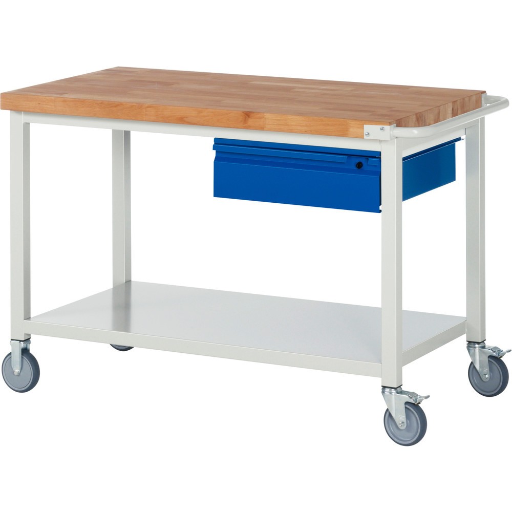 Productafbeelding nr. 1: Mobiele werkbank RAU serie 8000, massief beuken werkblad, dikte 40 mm, hxbxd 880 x 1.250 x 700 mm, 1 lade, 1 legbord diepte 650 mm