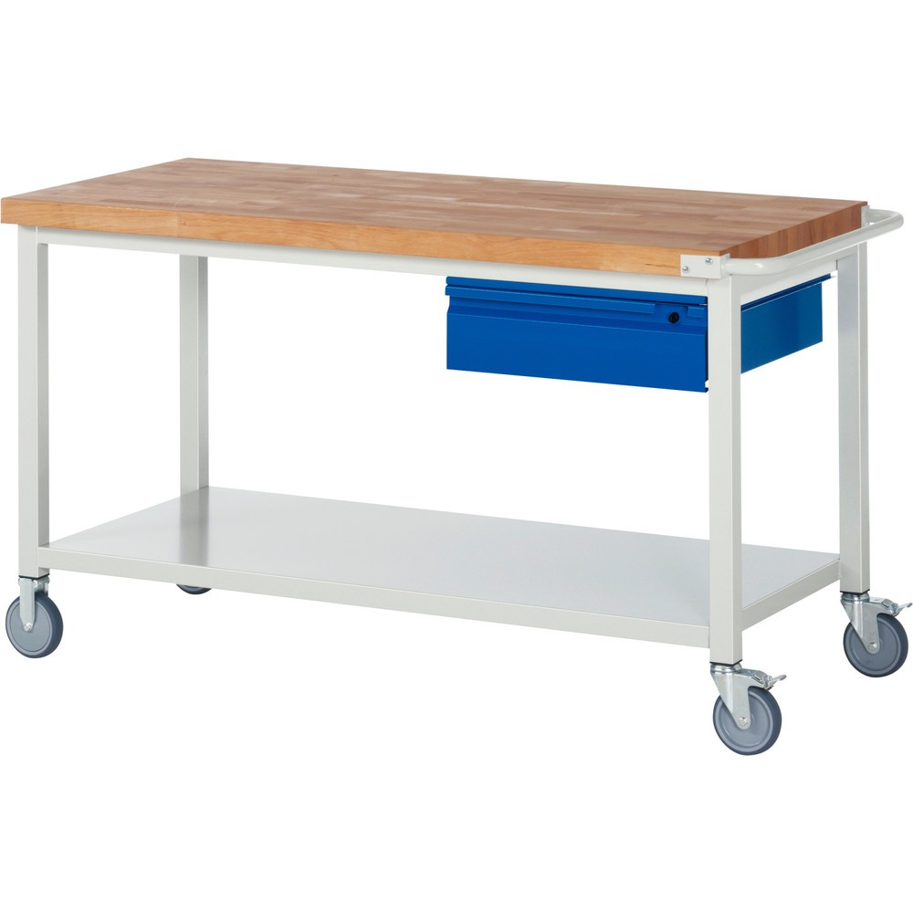 Productafbeelding nr. 1: Mobiele werkbank RAU serie 8000, massief beuken werkblad, dikte 40 mm, hxbxd 880 x 1.500 x 700 mm, 1 lade, 1 legbord diepte 650 mm