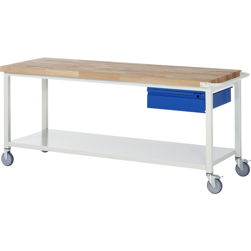 Productafbeelding nr. 1: Mobiele werkbank RAU serie 8000, massief beuken werkblad, dikte 40 mm, hxbxd 880 x 2.000 x 700 mm, 1 lade, 1 legbord diepte 650 mm