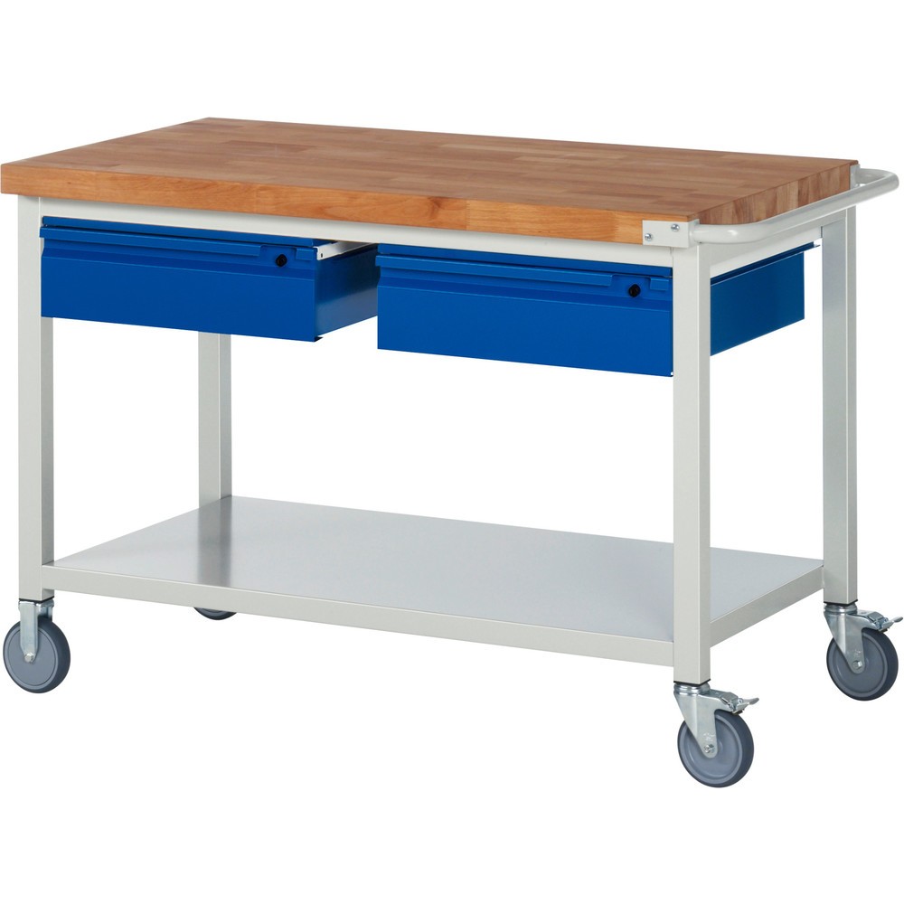 Product afbeelding: Mobiele werkbank RAU serie 8000, massief beuken werkblad, dikte 40 mm, hxbxd 880 x 1.250 x 700 mm, 2 lades, 1 legbord diepte 650 mm