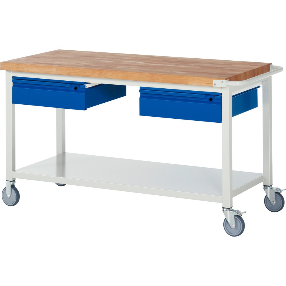Productafbeelding nr. 1: Mobiele werkbank RAU serie 8000, massief beuken werkblad, dikte 40 mm, hxbxd 880 x 1.500 x 700 mm, 2 lades, 1 legbord diepte 650 mm