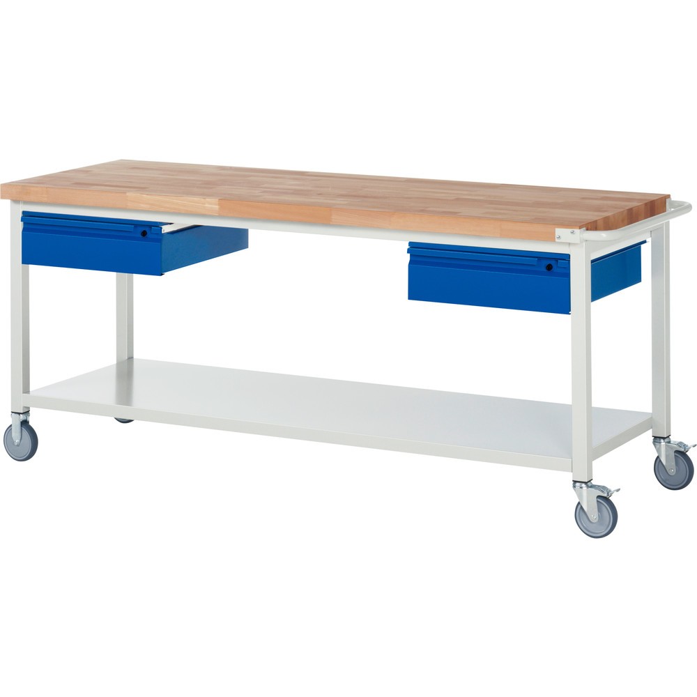 Productafbeelding nr. 1: Mobiele werkbank RAU serie 8000, massief beuken werkblad, dikte 40 mm, hxbxd 880 x 2.000 x 700 mm, 2 lades, 1 legbord diepte 650 mm