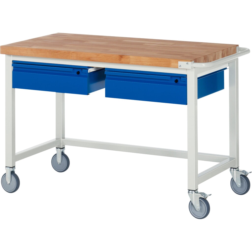 Mobiele werkbank RAU serie 8000, massief beuken werkblad, dikte 40 mm, hxbxd 880 x 1.250 x 700 mm, 2 lades 2 x 150 mm Productafbeelding nr. 1: Mobiele werkbank RAU serie 8000, massief beuken werkblad, dikte 40 mm, hxbxd 880 x 1.250 x 700 mm, 2 lades 2 x 150 mm