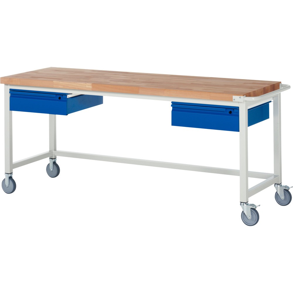 Productafbeelding nr. 1: Mobiele werkbank RAU serie 8000, massief beuken werkblad, dikte 40 mm, hxbxd 880 x 2.000 x 700 mm, 2 lades 2 x 150 mm
