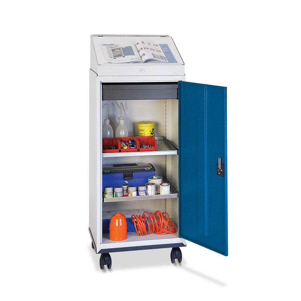 Productafbeelding nr. 1: Mobiele werkplaatsdraaideurkast stumpf® met schrijflessenaar + 1 lade + 2 bakken, grijs