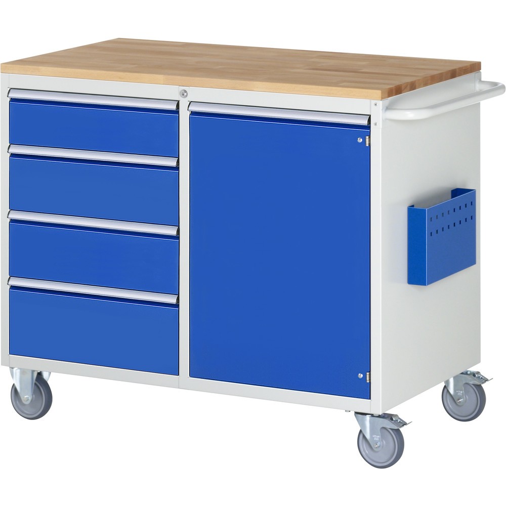 Product afbeelding: RAU gereedschapswagen serie 7000, h x b x d 975 x 1.145 x 650 mm, met 4 lades maat L en 1 openslaande deur maat L, massief beuken werkblad