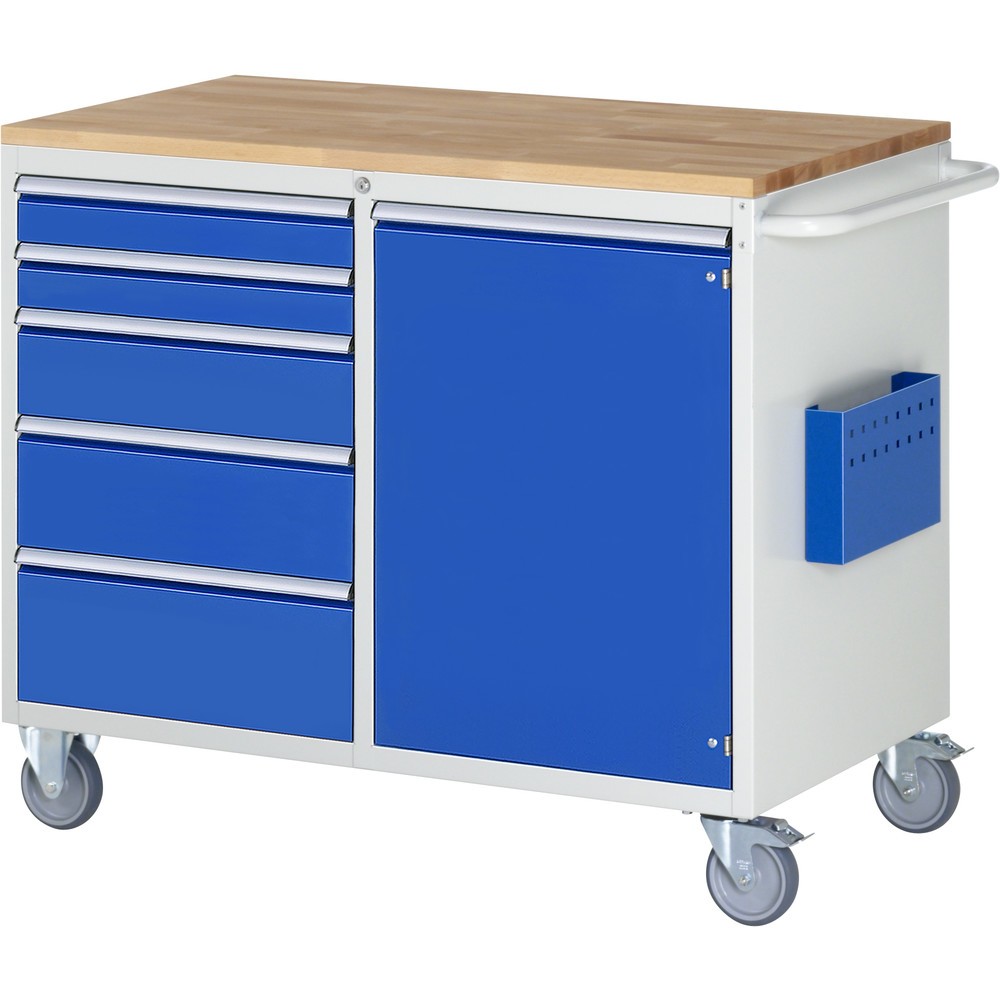 Product afbeelding: RAU gereedschapswagen serie 7000, h x b x d 975 x 1.145 x 650 mm, met 5 lades maat L en 1 openslaande deur maat L, massief beuken werkblad