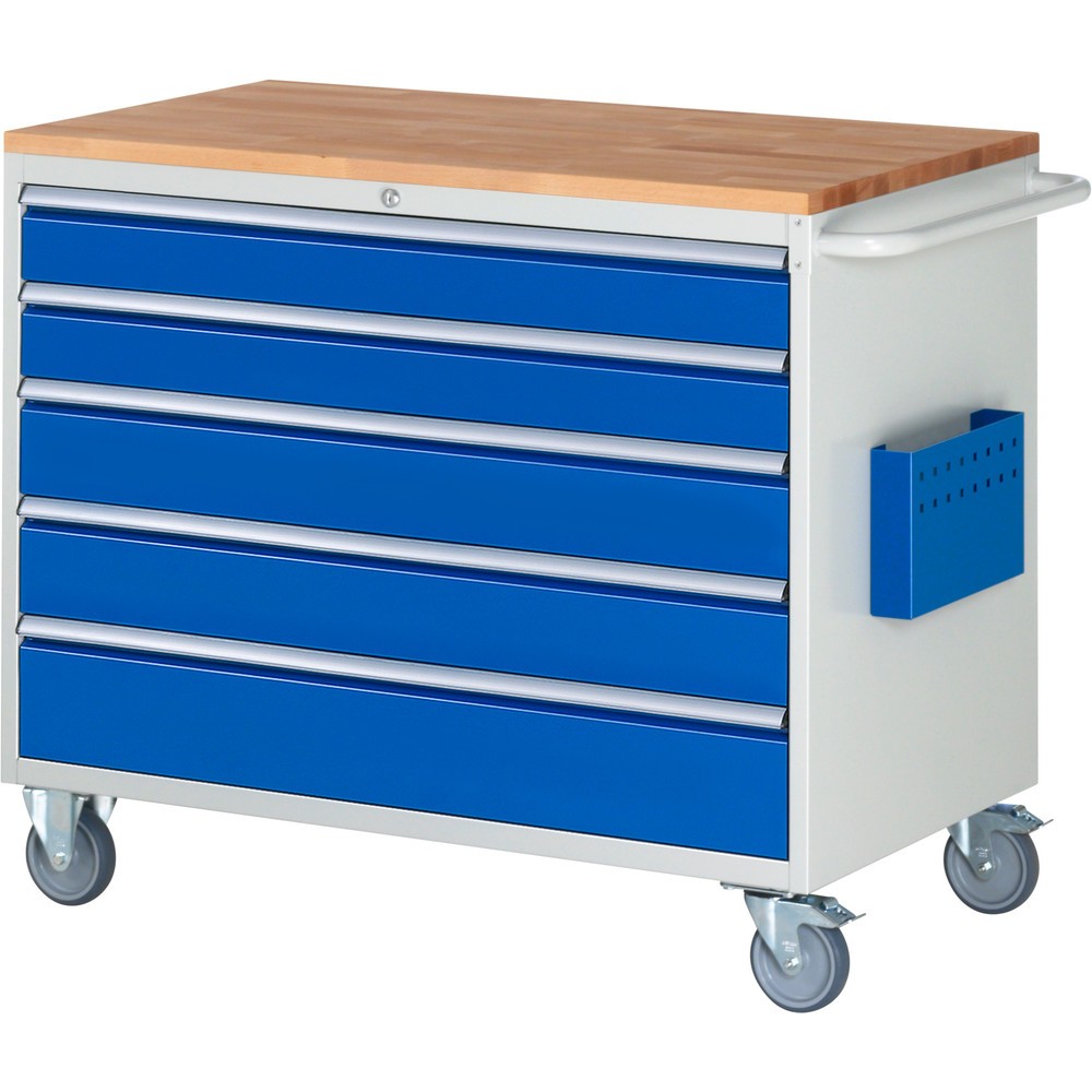 Productafbeelding nr. 1: Montagewagen RAU serie 7000, hxbxd 975 x 1.145 x 650 mm, 5 lades 2 x 120, 2 x 150, 1 x 180 mm, beuken werkblad, draagvermogen lade 50 kg