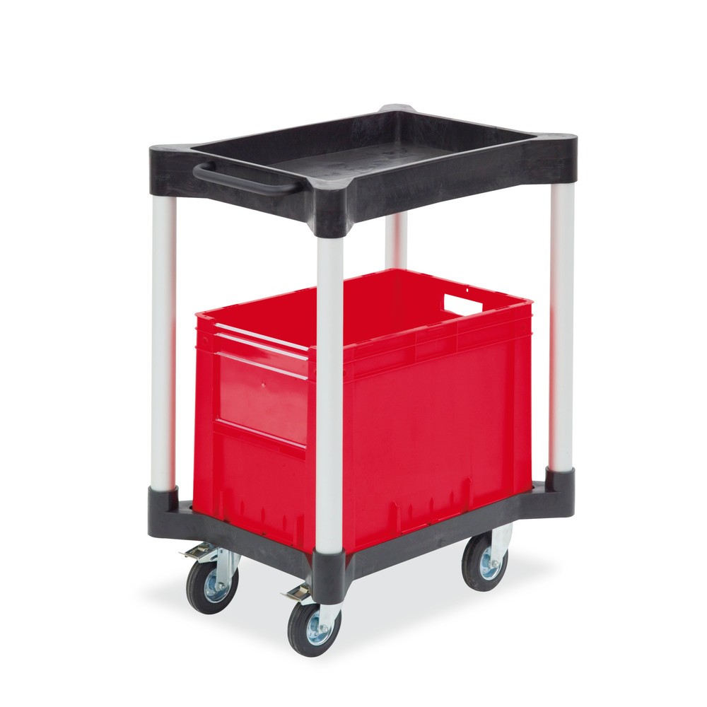 Product afbeelding: Multifunctionele trolley met plank en bak, van polyethyleen, 1 bak + 1 plank, hoogte 953 mm