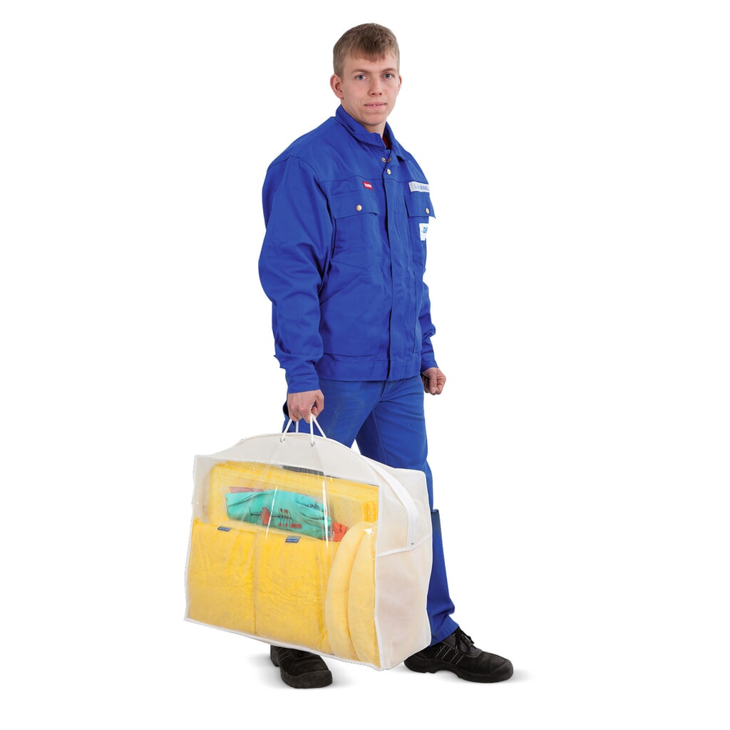 Noodpakket in doorzichtige tas, olie, absorptievermogen 60 l Product afbeelding: Noodpakket in doorzichtige tas, olie, absorptievermogen 60 l