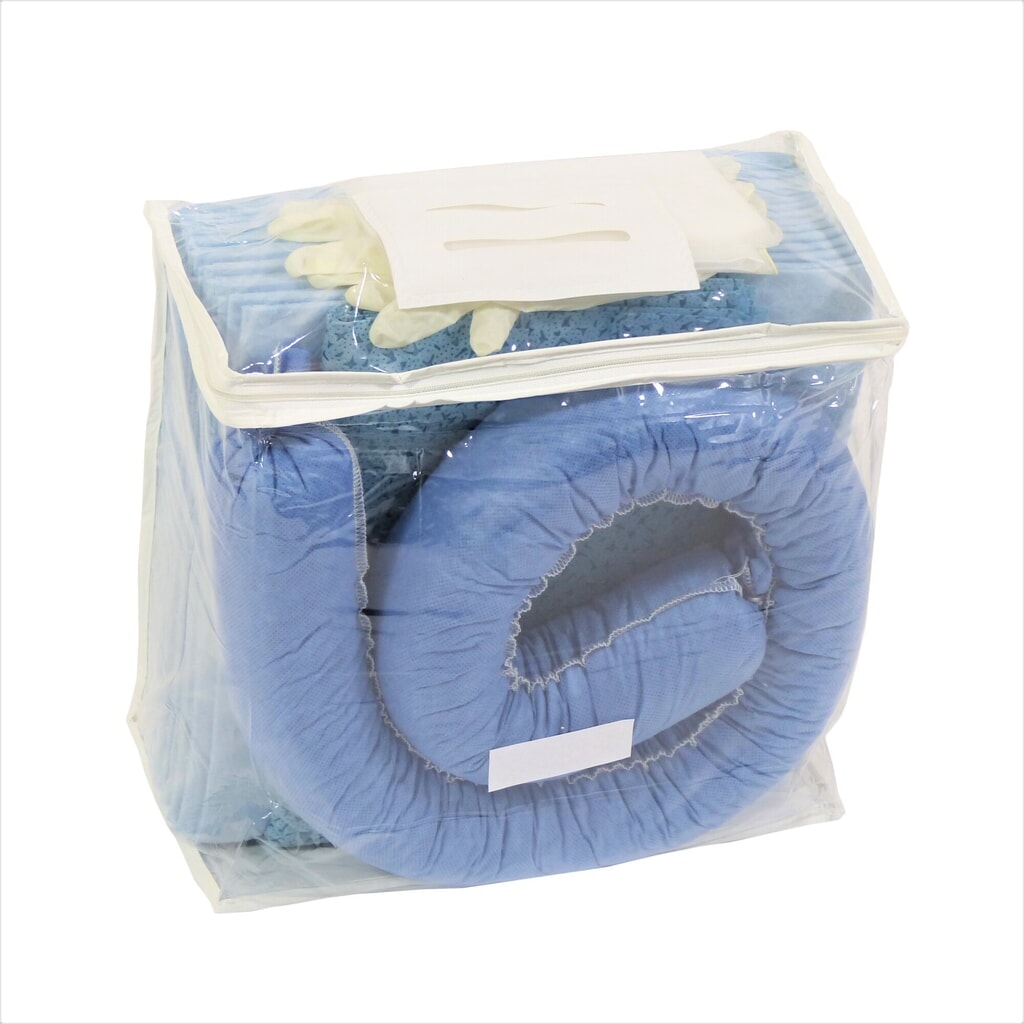 Noodpakket in pvc-tas, olie, absorptievermogen 20 l, blauw Product afbeelding: Noodpakket in pvc-tas, olie, absorptievermogen 20 l, blauw
