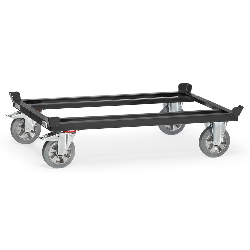 Onderstel fetra® met vanghoeken, draagvermogen 1.200 kg, voor pallets 1.200 x 800 mm, elastische volrubber banden, antracietgrijs Product afbeelding: Onderstel fetra® met vanghoeken, draagvermogen 1.200 kg, voor pallets 1.200 x 800 mm, elastische volrubber banden, antracietgrijs