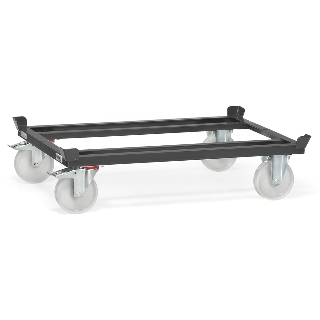 Onderstel fetra® met vanghoeken, draagvermogen 1.000 kg, voor pallets 1.200 x 800 mm, polyamide banden, antracietgrijs Product afbeelding: Onderstel fetra® met vanghoeken, draagvermogen 1.000 kg, voor pallets 1.200 x 800 mm, polyamide banden, antracietgrijs