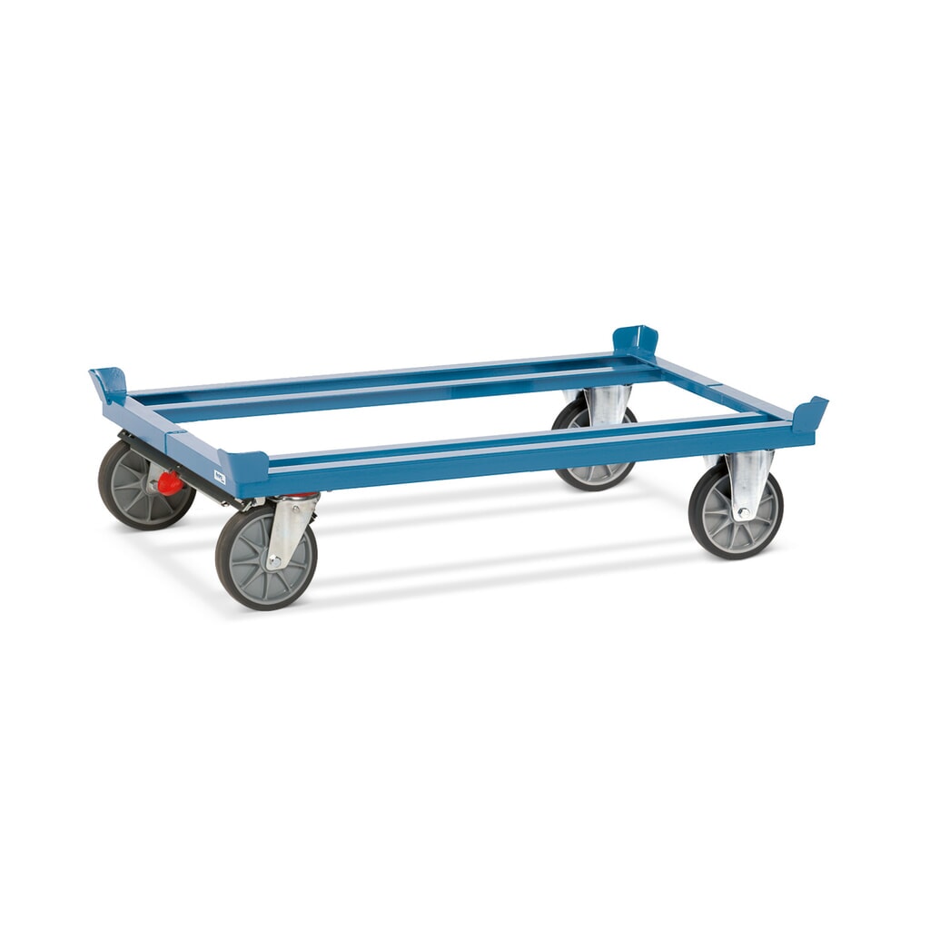 Onderstel fetra® met vanghoeken, draagvermogen 750 kg, voor pallets 1.200 x 800 mm, TPE-banden, met centrale rem Product afbeelding: Onderstel fetra® met vanghoeken, draagvermogen 750 kg, voor pallets 1.200 x 800 mm, TPE-banden, met centrale rem