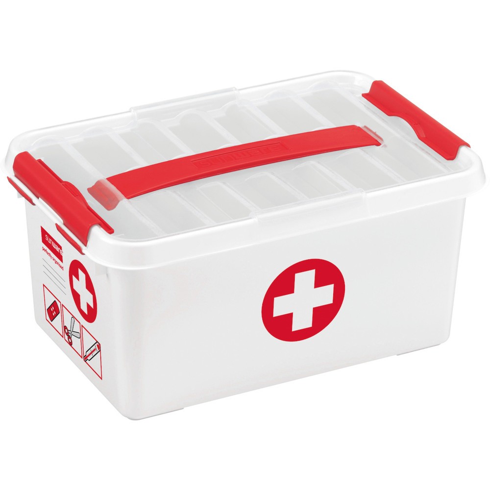 Opbergbox helit "the q-line", met deksel en draaggreep, 6 liter, wit/rood Product afbeelding: Opbergbox helit "the q-line", met deksel en draaggreep, 6 liter, wit/rood