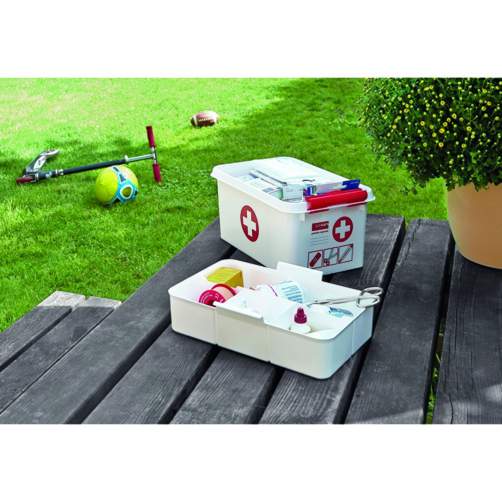 Opbergbox helit "the q-line", met deksel en draaggreep, 6 liter, wit/rood Productafbeelding nr. 2: Opbergbox helit "the q-line", met deksel en draaggreep, 6 liter, wit/rood
