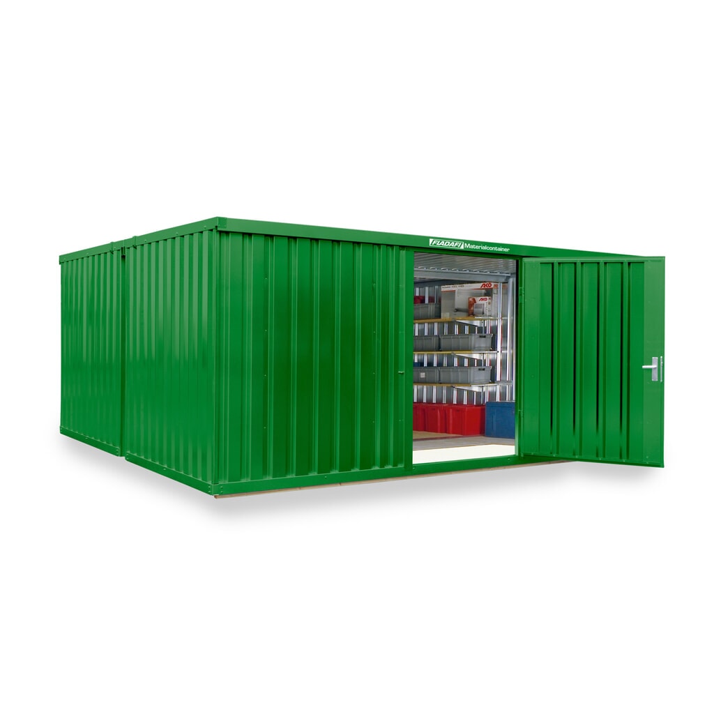 FLADAFI® combinatie materiaalcontainers, geverfd, 2 modules, hxbxd 2.150 x 5.080 x 4.340 mm, voorgemonteerd, houten vloer, grasgroen Product afbeelding: FLADAFI® combinatie materiaalcontainers, geverfd, 2 modules, hxbxd 2.150 x 5.080 x 4.340 mm, voorgemonteerd, houten vloer, grasgroen