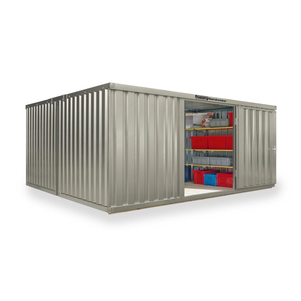 FLADAFI® combinatie materiaalcontainers, geverfd, 2 modules, hxbxd 2.150 x 4.050 x 4.340 mm, voorgemonteerd, houten vloer, grijswit Product afbeelding: FLADAFI® combinatie materiaalcontainers, geverfd, 2 modules, hxbxd 2.150 x 4.050 x 4.340 mm, voorgemonteerd, houten vloer, grijswit
