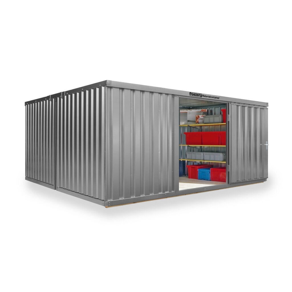 FLADAFI® combinatie materiaalcontainers, geverfd, 2 modules, hxbxd 2.150 x 4.050 x 4.340 mm, voorgemonteerd, houten vloer, lichtgrijs Product afbeelding: FLADAFI® combinatie materiaalcontainers, geverfd, 2 modules, hxbxd 2.150 x 4.050 x 4.340 mm, voorgemonteerd, houten vloer, lichtgrijs