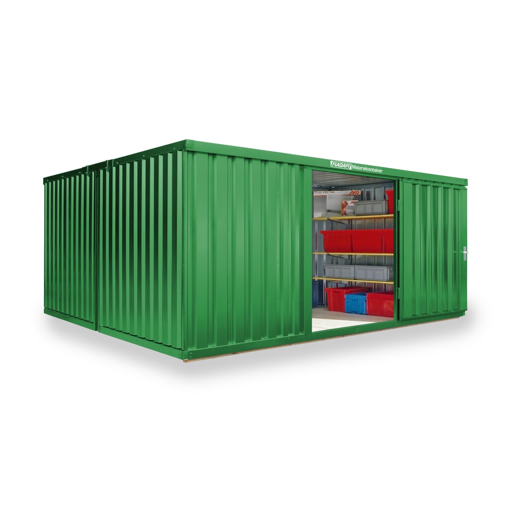 FLADAFI® combinatie materiaalcontainers, geverfd, 2 modules, hxbxd 2.150 x 4.050 x 4.340 mm, voorgemonteerd, houten vloer, grasgroen Product afbeelding: FLADAFI® combinatie materiaalcontainers, geverfd, 2 modules, hxbxd 2.150 x 4.050 x 4.340 mm, voorgemonteerd, houten vloer, grasgroen