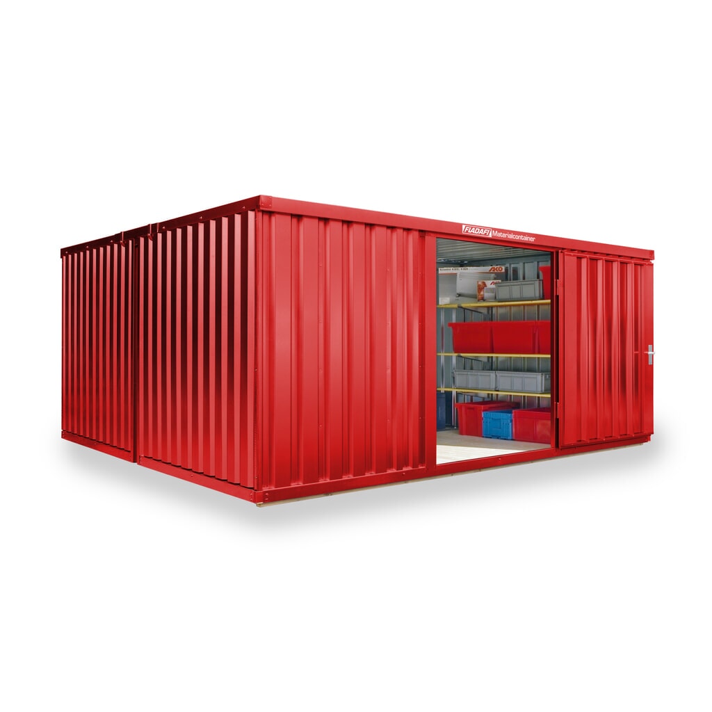 FLADAFI® combinatie materiaalcontainers, geverfd, 2 modules, hxbxd 2.150 x 4.050 x 4.340 mm, voorgemonteerd, houten vloer, vuurrood Product afbeelding: FLADAFI® combinatie materiaalcontainers, geverfd, 2 modules, hxbxd 2.150 x 4.050 x 4.340 mm, voorgemonteerd, houten vloer, vuurrood
