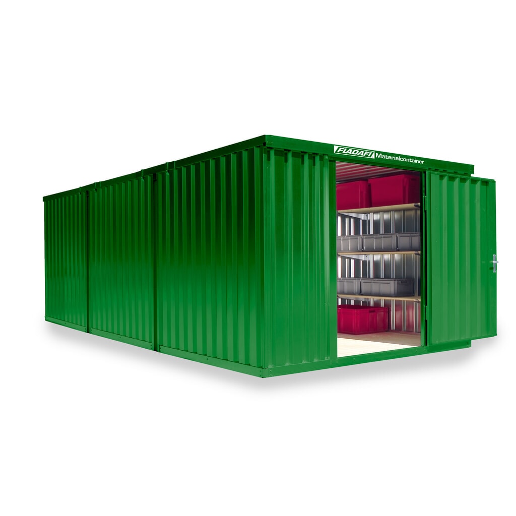 Product afbeelding: FLADAFI® combinatie materiaalcontainers, geverfd, 3 modules, hxbxd 2.150 x 3.050 x 6.520 mm, voorgemonteerd, houten vloer, grasgroen