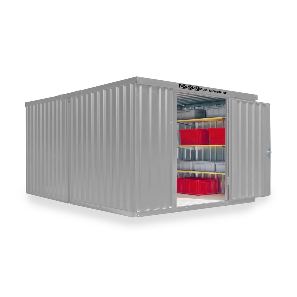 FLADAFI® combinatie materiaalcontainers, geverfd, 2 modules, hxbxd 2.150 x 3.050 x 4.340 mm, gedemonteerd, houten vloer, lichtgrijs Product afbeelding: FLADAFI® combinatie materiaalcontainers, geverfd, 2 modules, hxbxd 2.150 x 3.050 x 4.340 mm, gedemonteerd, houten vloer, lichtgrijs