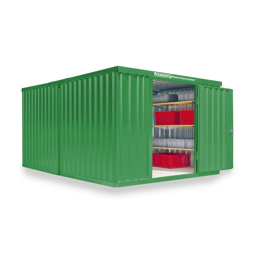FLADAFI® combinatie materiaalcontainers, geverfd, 2 modules, hxbxd 2.150 x 3.050 x 4.340 mm, gedemonteerd, houten vloer, grasgroen Product afbeelding: FLADAFI® combinatie materiaalcontainers, geverfd, 2 modules, hxbxd 2.150 x 3.050 x 4.340 mm, gedemonteerd, houten vloer, grasgroen