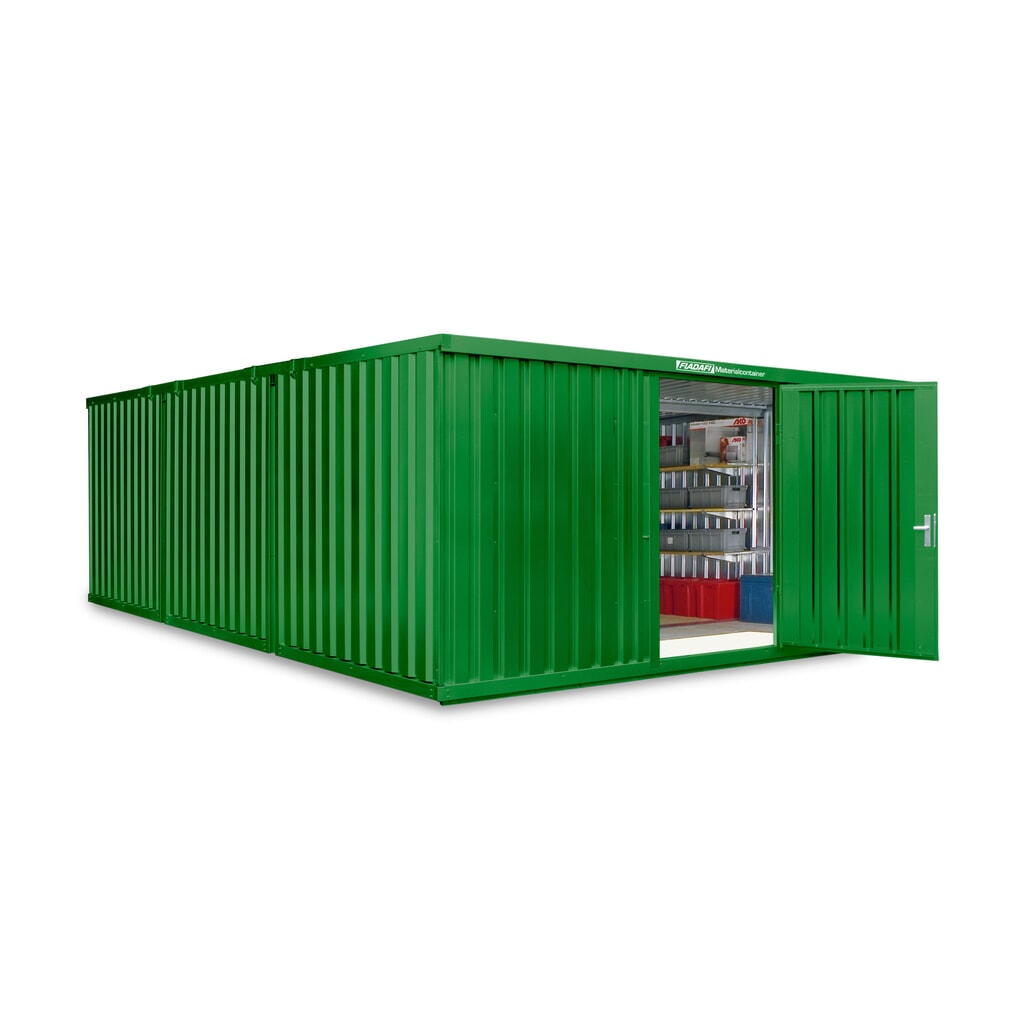 FLADAFI® combinatie materiaalcontainers, geverfd, 3 modules, hxbxd 2.150 x 5.080 x 6.520 mm, voorgemonteerd, houten vloer, grasgroen Product afbeelding: FLADAFI® combinatie materiaalcontainers, geverfd, 3 modules, hxbxd 2.150 x 5.080 x 6.520 mm, voorgemonteerd, houten vloer, grasgroen