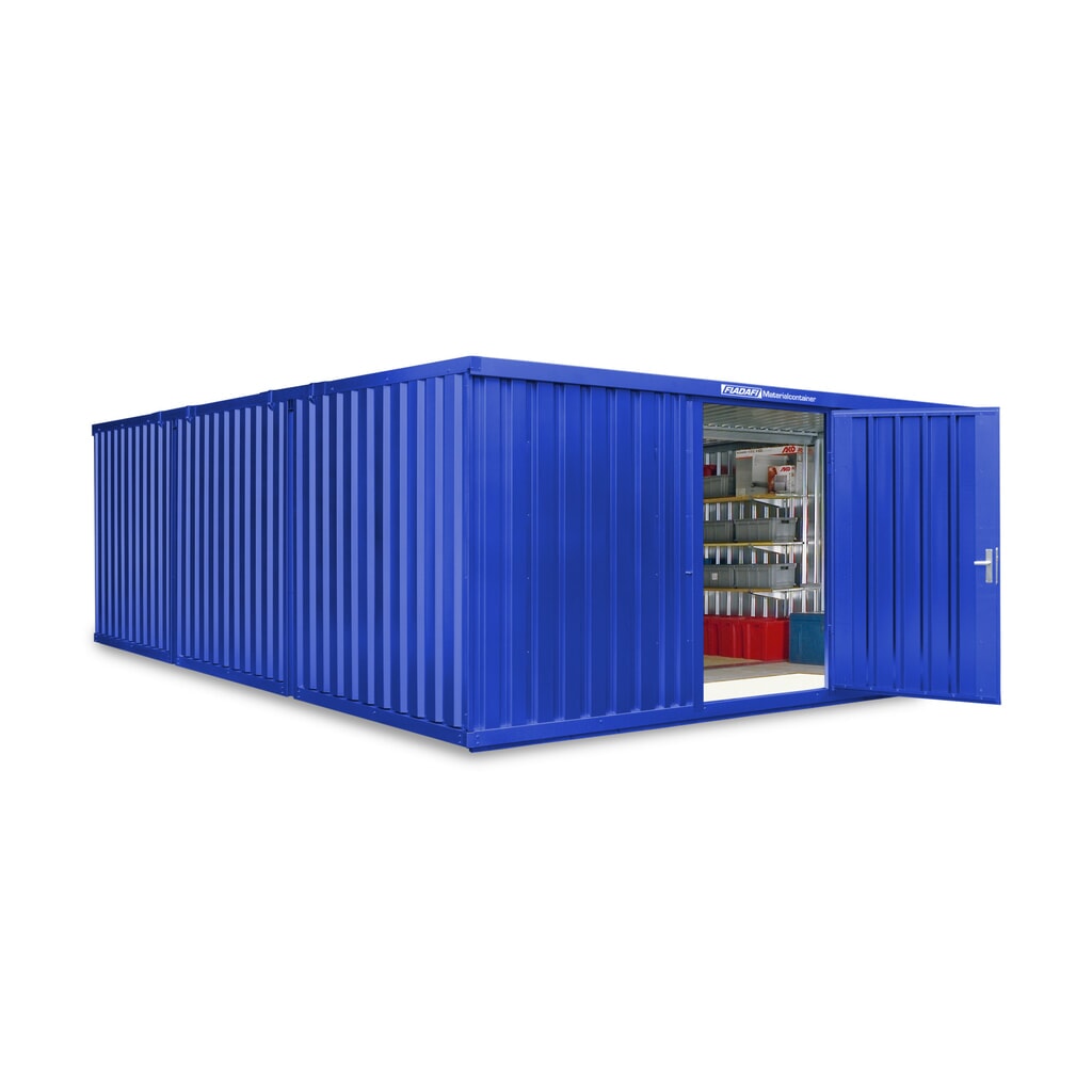 FLADAFI® combinatie materiaalcontainers, geverfd, 3 modules, hxbxd 2.150 x 5.080 x 6.520 mm, voorgemonteerd, houten vloer, gentiaanblauw Product afbeelding: FLADAFI® combinatie materiaalcontainers, geverfd, 3 modules, hxbxd 2.150 x 5.080 x 6.520 mm, voorgemonteerd, houten vloer, gentiaanblauw