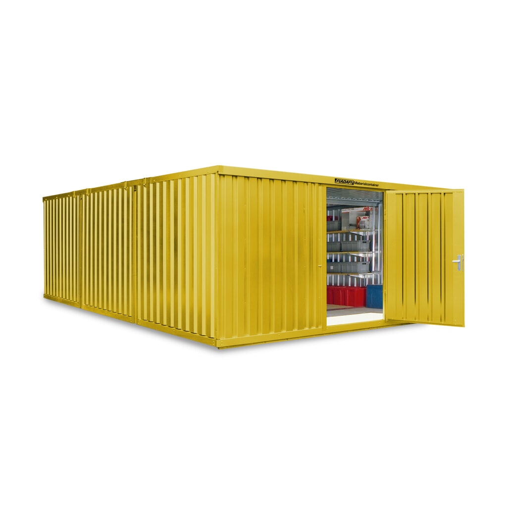FLADAFI® combinatie materiaalcontainers, geverfd, 3 modules, hxbxd 2.150 x 5.080 x 6.520 mm, voorgemonteerd, houten vloer, signaalgeel Product afbeelding: FLADAFI® combinatie materiaalcontainers, geverfd, 3 modules, hxbxd 2.150 x 5.080 x 6.520 mm, voorgemonteerd, houten vloer, signaalgeel
