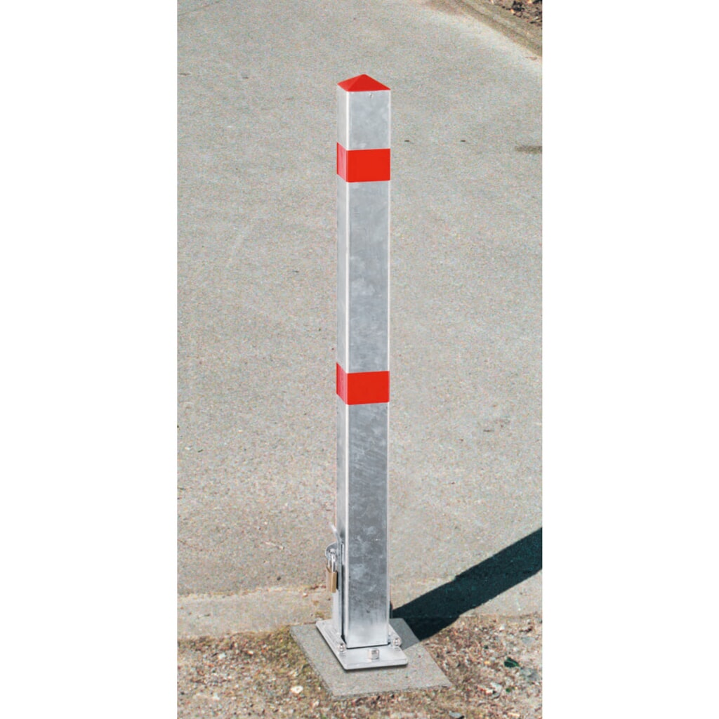 Parkeerpaal, neerklapbaar, vierkant 70 x 70 mm voor ingieten in beton, rood/wit Product afbeelding: Parkeerpaal, neerklapbaar, vierkant 70 x 70 mm voor ingieten in beton, rood/wit