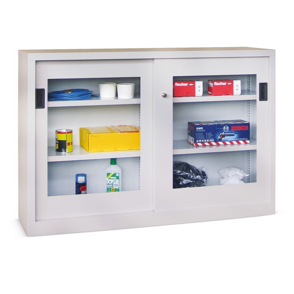 Schuifdeurkast PAVOY met kijkvensters, 2 legborden, hxbxd 1.000 x 1.000 x 500 mm