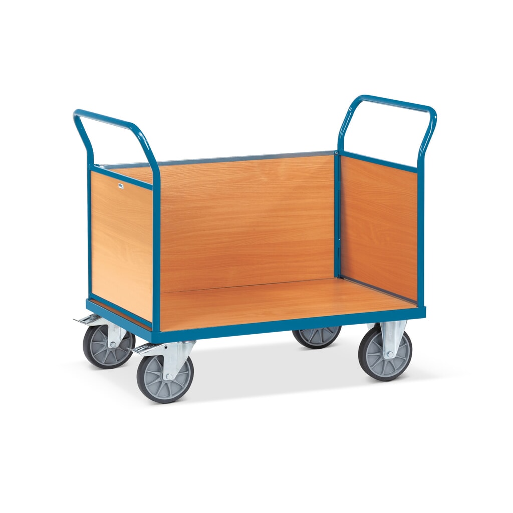 Product afbeelding: Plateauwagen fetra®, 3-zijdige houten wanden, laadvlak bxd 600 x 1.000 mm