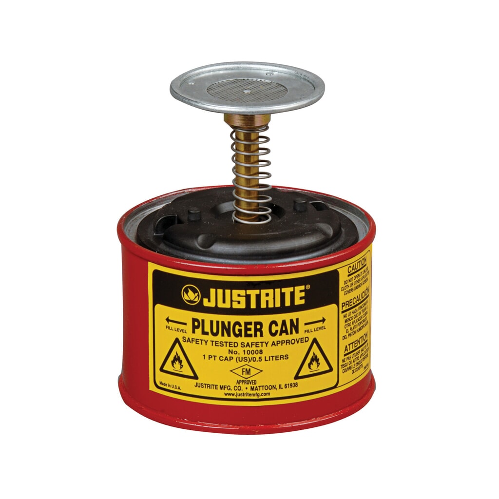 Justrite plunjerkan van plaatstaal, rood, 0,5 liter Product afbeelding: Justrite plunjerkan van plaatstaal, rood, 0,5 liter
