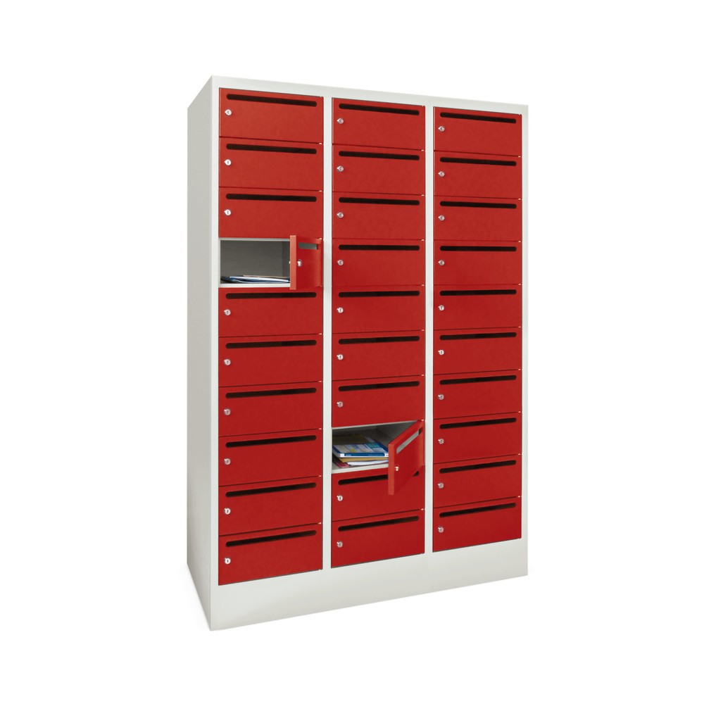 Product afbeelding: Postsorteerkast PAVOY, 3x 10 vakken, hxbxd 1.850 x 1.230 x 500 mm, robijnrood, zinkgeel