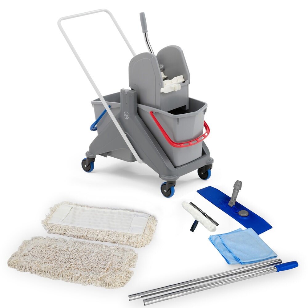 Product afbeelding: Professionele set schoonmaakwagen Steinbock®, met twee emmers 2 x 15 liter, 5 x katoenmop 500 mm, 2-delige chromen steel, klapbare houder, 2 x microvezeldoek en combiruitenwasser