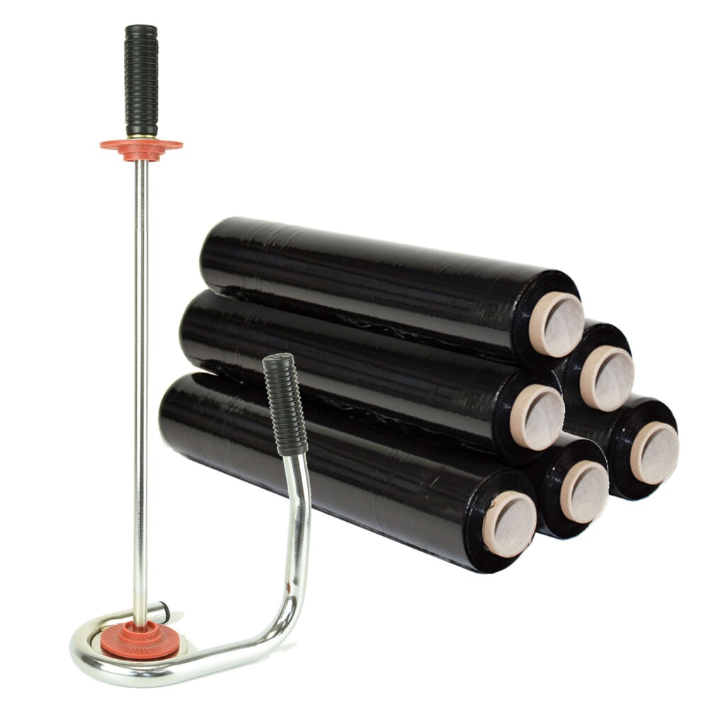 Product afbeelding: Professionele stretchfolieset, 6 rollen, b x l 500 mm x 260 m, incl. 1 handstretchfolieapparaat met kunststof centreerschijven, zwart